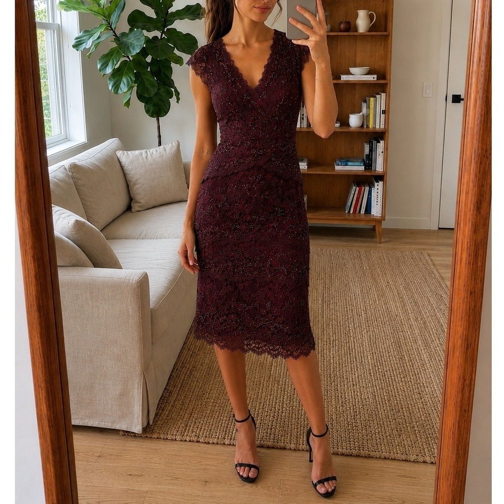 Cache Lace Beaded Midi Dress Size 8 Burgundy Party Cocktail Romantic Formal Glam